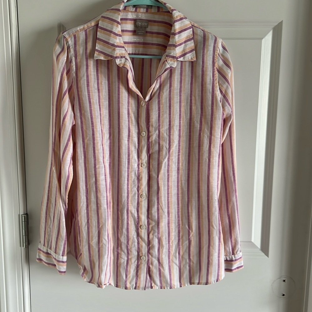 Chicos Linen No Iron Button Shirt Size 1 US M Multicolor Metallic Stripe Medium